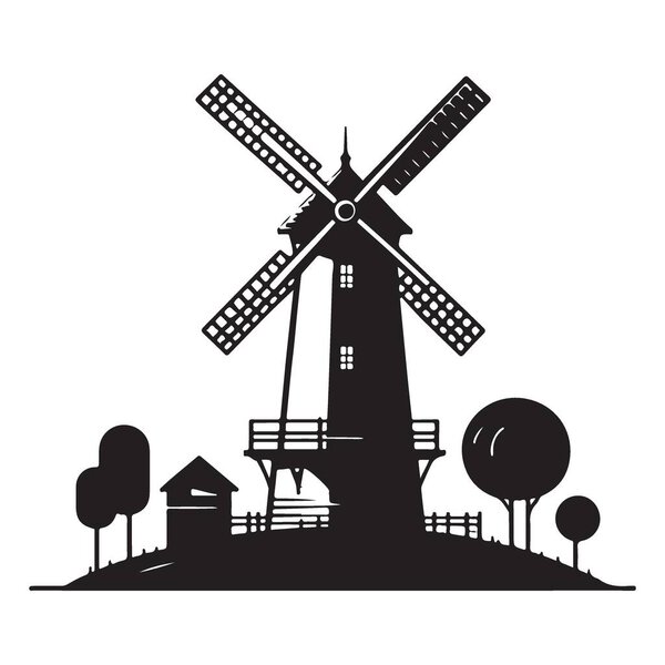 Silhouette of Windmill Vector Illustration with Trees and Farm