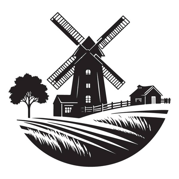 Vector Silhouette of Windmill Landscape with Farmhouse Illustration