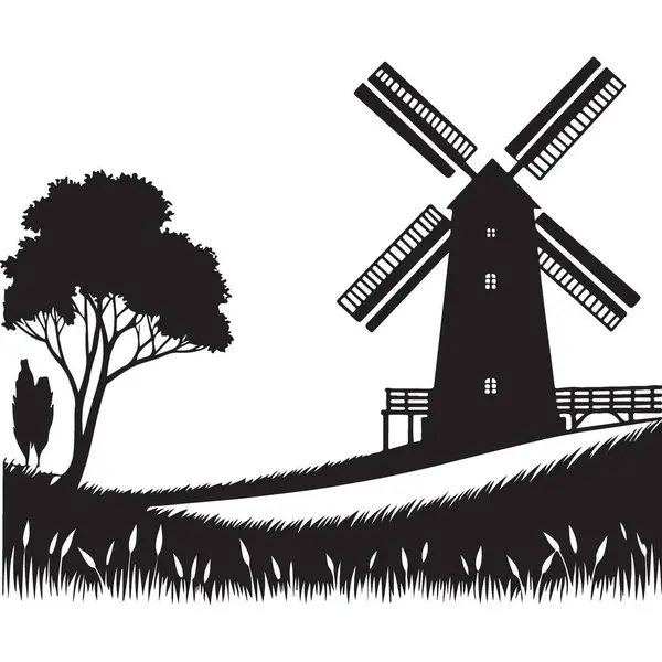 Yel değirmeni Silueti Ağaç Vektörü ile Kırsal Arazinin Resmedilmesi