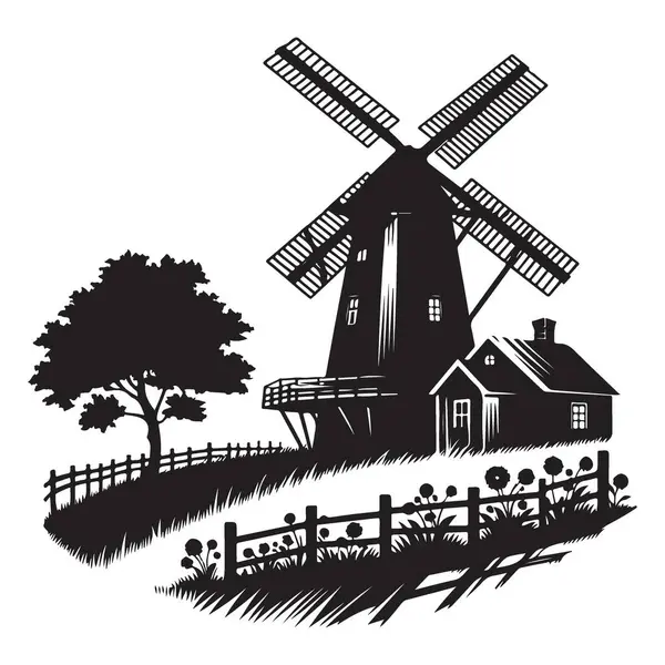 Çiftlik Evi Elementleri ile Siluet Vektörü Yel Değirmeni Manzarası Görünümü