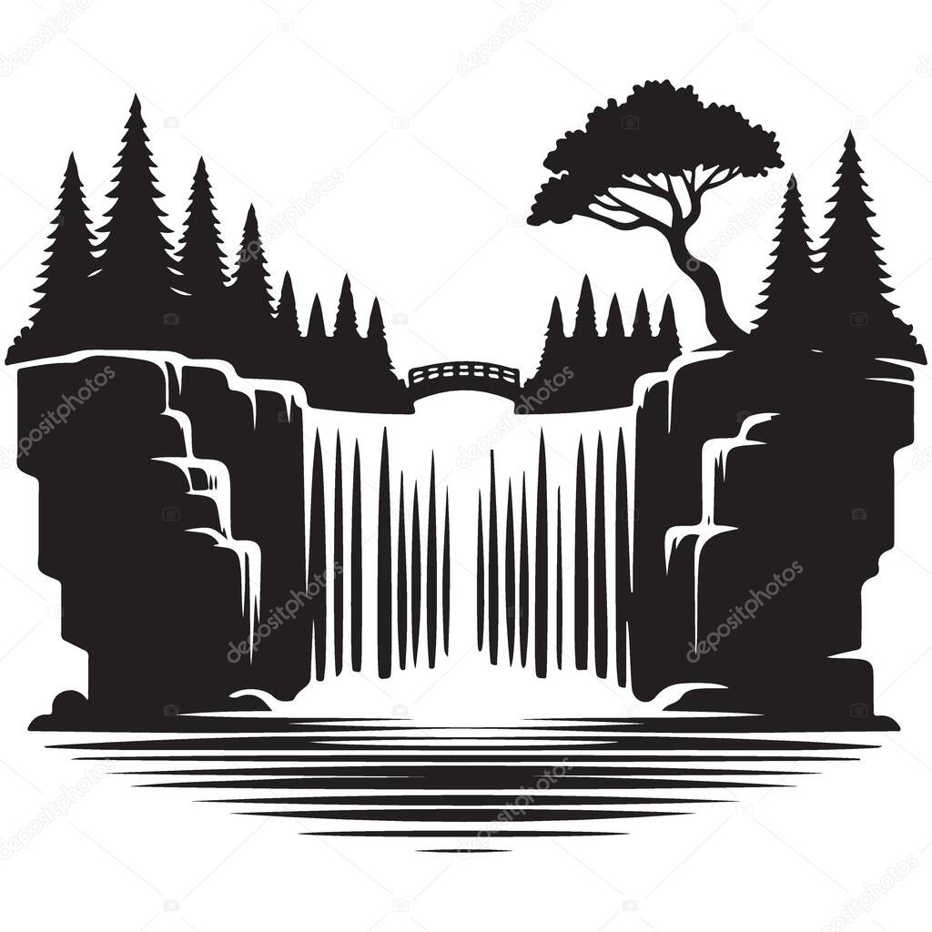 Majestic Waterfall Landscape Silhouette with Bridge Vector Illustration