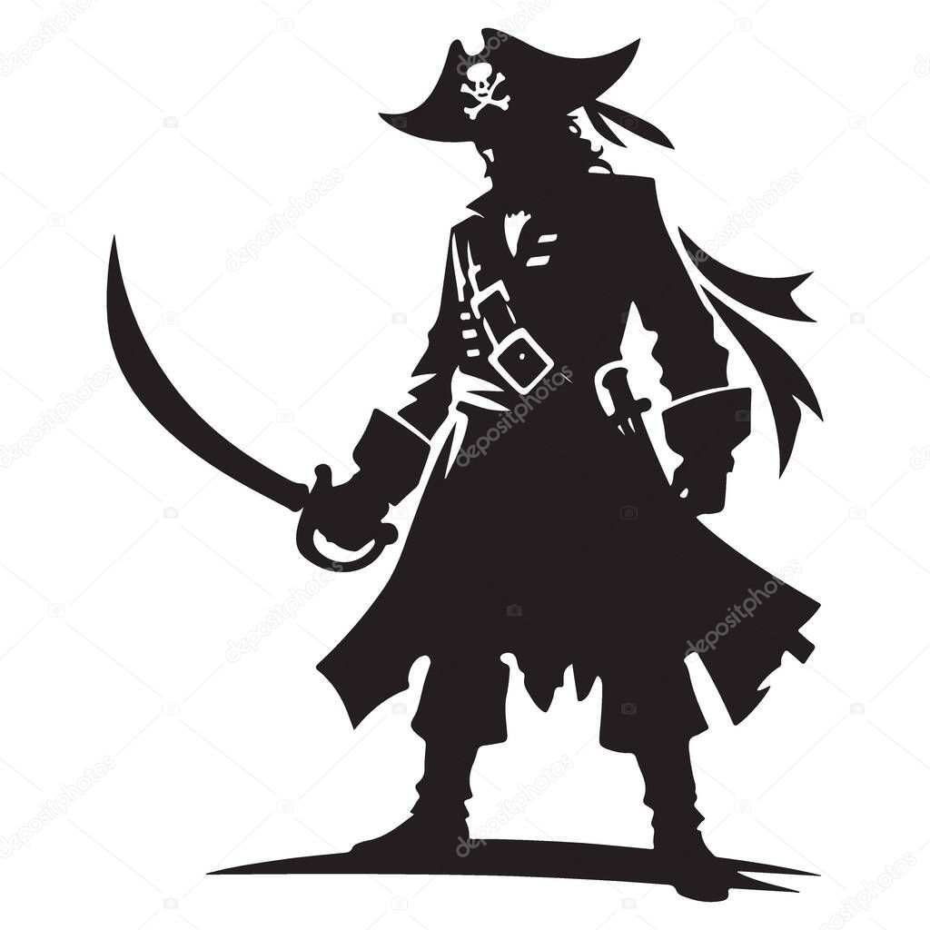 Bold Pirate Silhouette Vector Illustration with Jolly Roger and Sword Ready