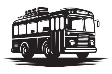 Vintage Otobüs Vektörü İllüstrasyonu Siyah ve Beyaz Seyahat Macerası Tasarımı