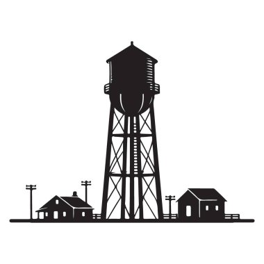 Su Kulesi Siluet Vektör Simgesi Kırsal Şehir Peyzaj Sanat Tasarımı