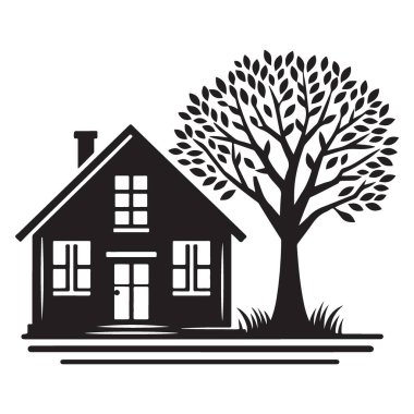 House Illustration Home Building with Tree Suburban Gayrimenkul Tasarımı