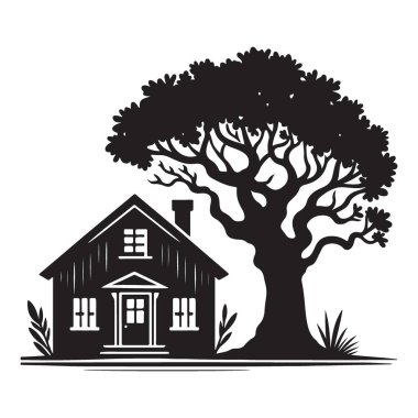 Ağacın Altındaki Konforlu Ev Siluet Ev ve Doğa Resmetme Vektörü
