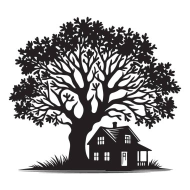 Görkemli Ağacın Altındaki Güzel Ev Siluet Vektör İllüstrasyon Sanatı