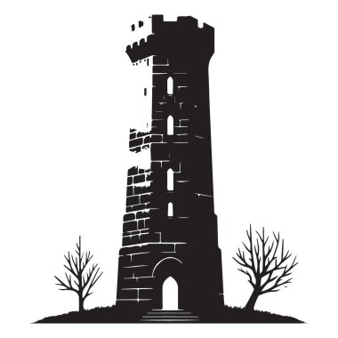 Ortaçağ Mimarisinin Yıkılmış Taş Kulesi Siluet Vektör İllüstrasyonu