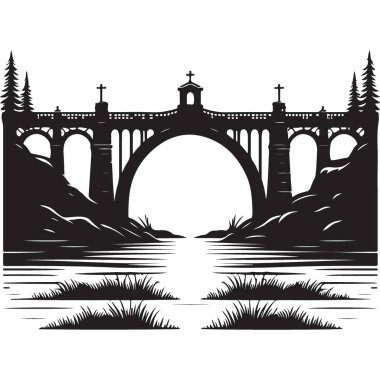 Arched Stone Köprüsü Siluet Vektör Resimli Sahne Suyu Geçidi