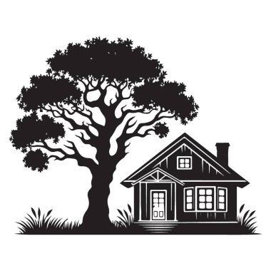 Büyük Ağaç Vektörü Altında Ayrıntılı Siluet Kulübesi