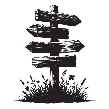 Kırsal Ahşap Siluet Yön Tabelaları Bitkilerle Tabela İllüstrasyonu