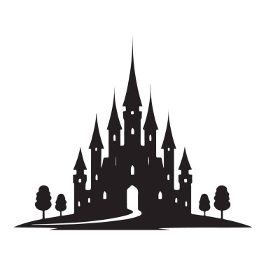 Kuleler ve çevreleyen ağaçlar ile masal şatosu silueti sanat eserleri