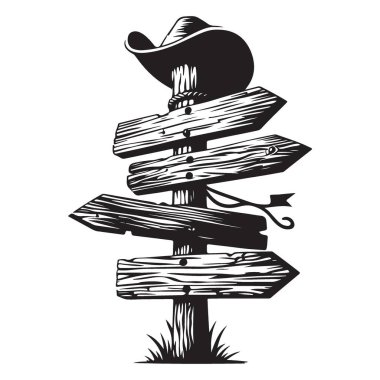 Kırsal Ahşap İmza Çizimi Kovboy Şapkası Yönlendirme İşareti Tasarımı