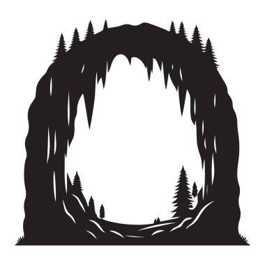 Siluet Mağara Girişi Ağaçlarla Vektör Sanat İllüstrasyonu