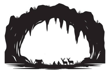 Geyik İnsanlar Kamp Ateşi Vektör Sahnesi ile Siluet Mağarası