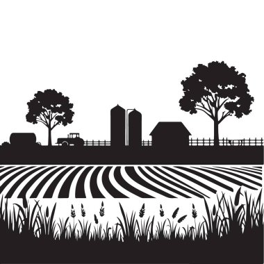 Saha ve Binalar Vektörlü Serene Çiftlik Manzarası Silueti