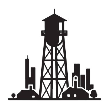 Cityscape Siluet İllüstrasyon Vektör Sanatı ile Klasik Su Kulesi