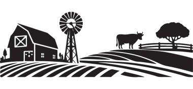 Tarlada ahır ve inek olan Pastoral çiftlik manzarası silueti