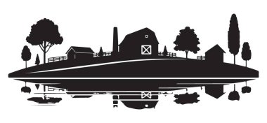 Sakin çiftlik silueti durgun suya yansıyan bir tepenin üzerinde