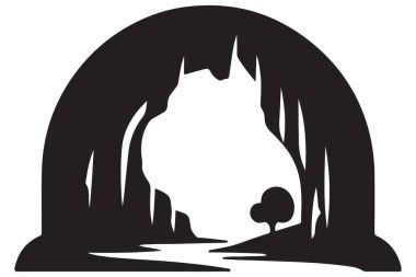 Ağaç ve dere manzaralı gizemli mağara girişi silueti