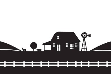 Yel değirmeni ile Çiftlik Evi Silueti Manzarası Vektör İllüstrasyonu