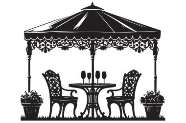 Şemsiye ve Yemek Seti ile Açık Bahçe Mobilya Silüeti