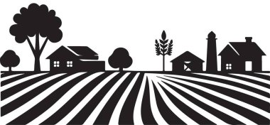 Tarlaları ve binaların vektör silueti olan görkemli kırsal tarım manzarası