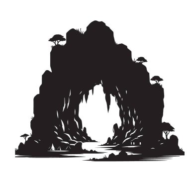 Sarkıtlar ve ağaçlarla dolu gizemli mağara. Doğal siyah siluet.