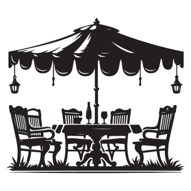 Şemsiye ile Havalı Açık Veranda Akşam Yemeği Siluet Çizimi