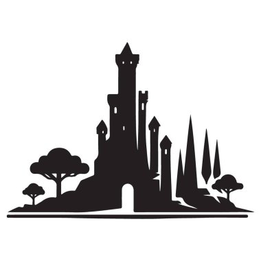 Bir Tepe Vektörü İllüstrasyon Sanatında Fantezi Kalesi Silueti