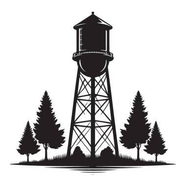 Siluet Su Kulesi Vektör Grafik Manzarası Çizim Tasarımı