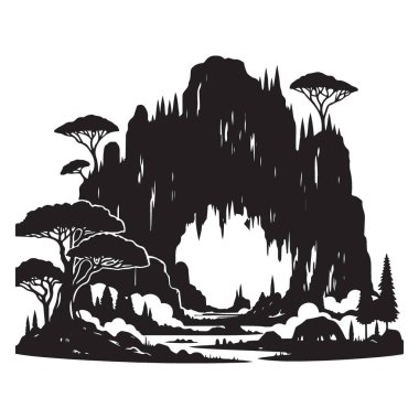 Mağara Manzarası Vektörü Siluet Sanat Macerası Doğası Çizimi