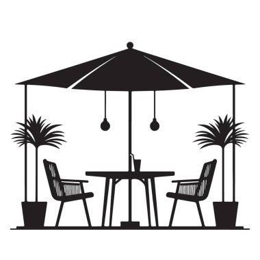 Şemsiye Masası ve Sandalyeli Patio Cafe Vektör İllüstrasyonu