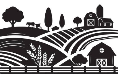 Güzel tarım çiftliği silueti manzara vektörü arkaplan illüstrasyonu