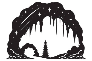Yıldız vektör çizim sanatıyla gizemli mağara silueti manzarası