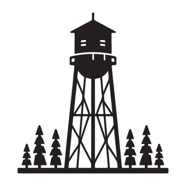 Woodland Su Kulesi Silüeti Siyah ve Beyaz Vektör İllüstrasyonu