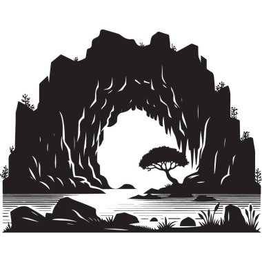 Dramatik Mağara Ağacın Açılışı Bir Göl Manzarası Silueti Tasarımı