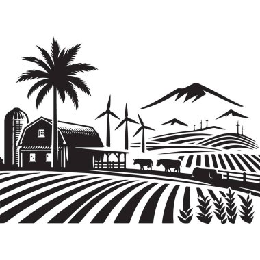 Ahır Yel Değirmenleri ve Tarlaları Taşra Vektörü olan İdilik Çiftlik Sahnesi