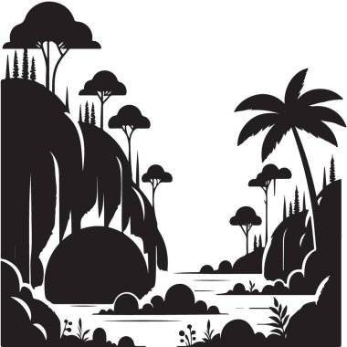 Tropikal Ada Peyzaj Vektörü İllüstrasyon Serene Doğa Silüeti Tasarımı