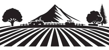 Tarım Çiftliği Manzarası Traktörleri ve Dağ Tarlası Silueti