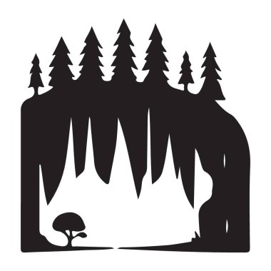 Macera ve Keşif Ağaçlarıyla Siluet Mağara İllüstrasyonu