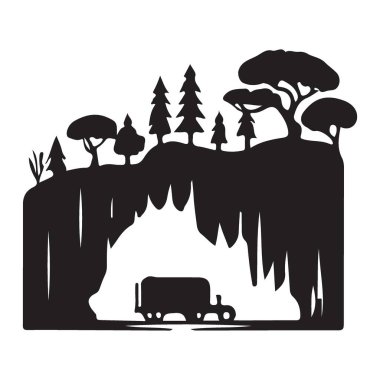 Siluet Dağ Kayalıkları Ağaçlar ve Araç Resimleri Tasarımı