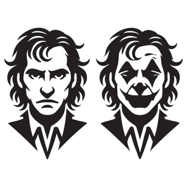 Joker Yüzlü Dönüşüm Vektörü İllüstrasyonu, Kötü Adam Silueti, Gotham Şehir Tarzı