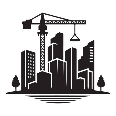 Şehir Manzarası Görünümü Yapım Altında Crane Vektör Sanat İllüstrasyonu