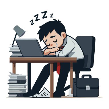 Yorgun Ofis İşçisi Çizgi Filmi Masa Resimlerinde Uyuyor