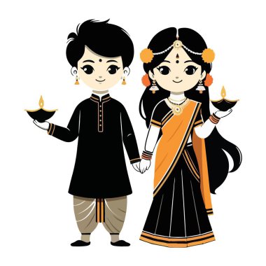 Geleneksel Hint Şenlik Kıyafeti İllüstrasyon Vektörü 'ndeki Sevimli Çift