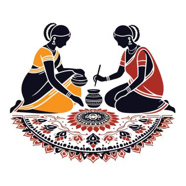 Siluet Geleneksel Hintli Kadınlar Rangoli Sanat Çizimi Yapıyor