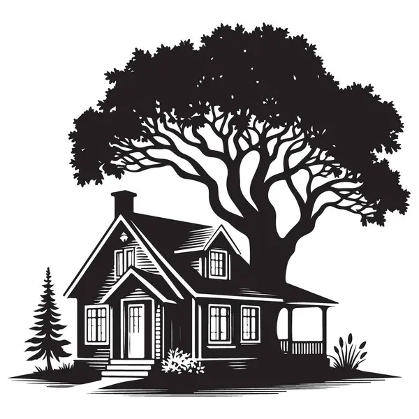 Siluet Biçimli Büyük Ağaç Vektörü Resimleriyle Konforlu Ev