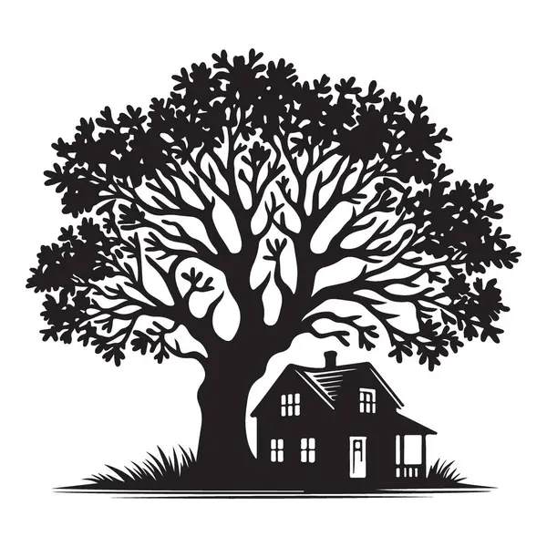 Görkemli Ağacın Altındaki Güzel Ev Siluet Vektör İllüstrasyon Sanatı