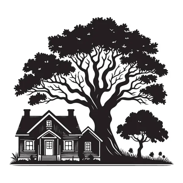 Büyüleyici Ev Ağacın Altında Siluet Vektör İllüstrasyon Doğa Tasarımı